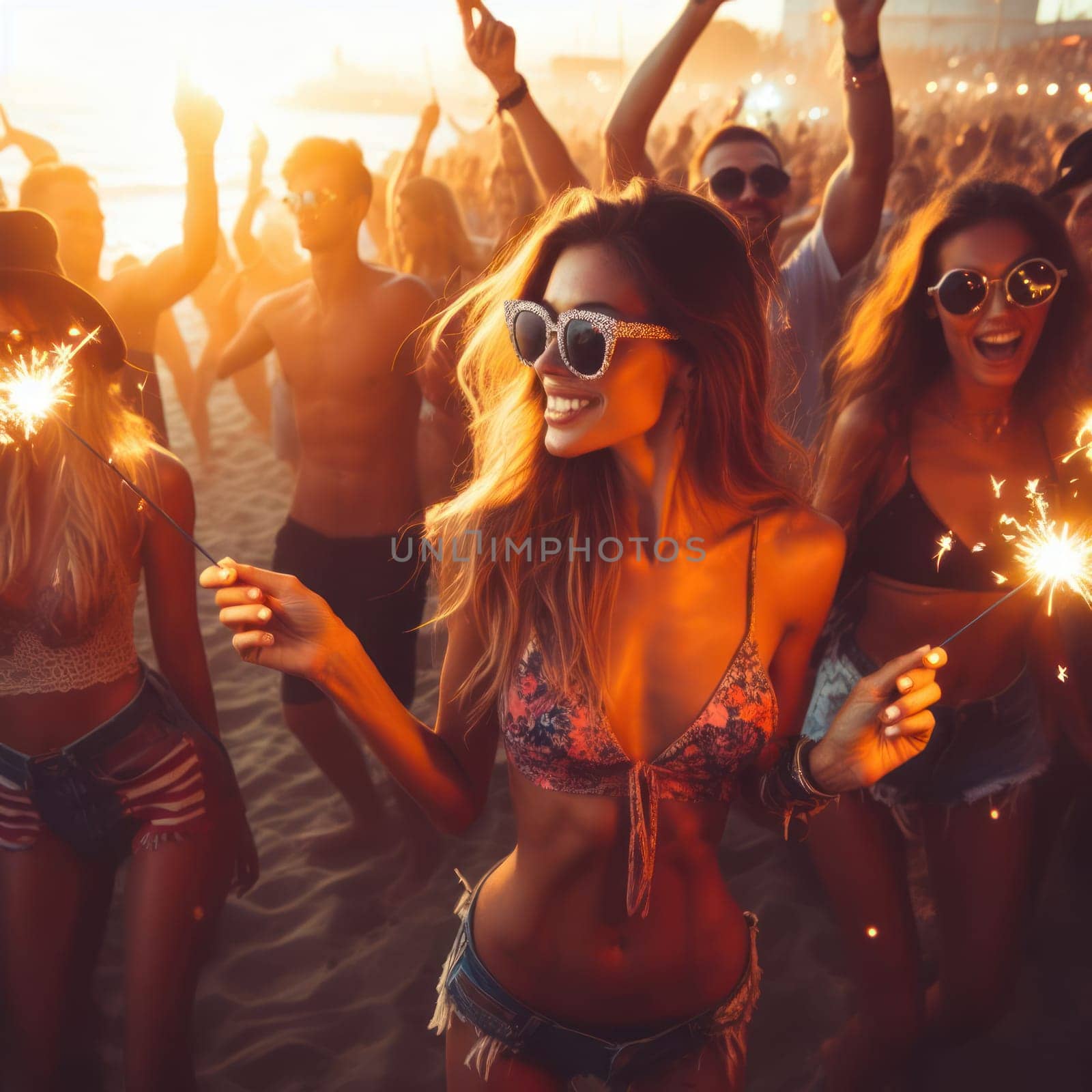 attractive woman partying with other people at the beach at sunset generative ai