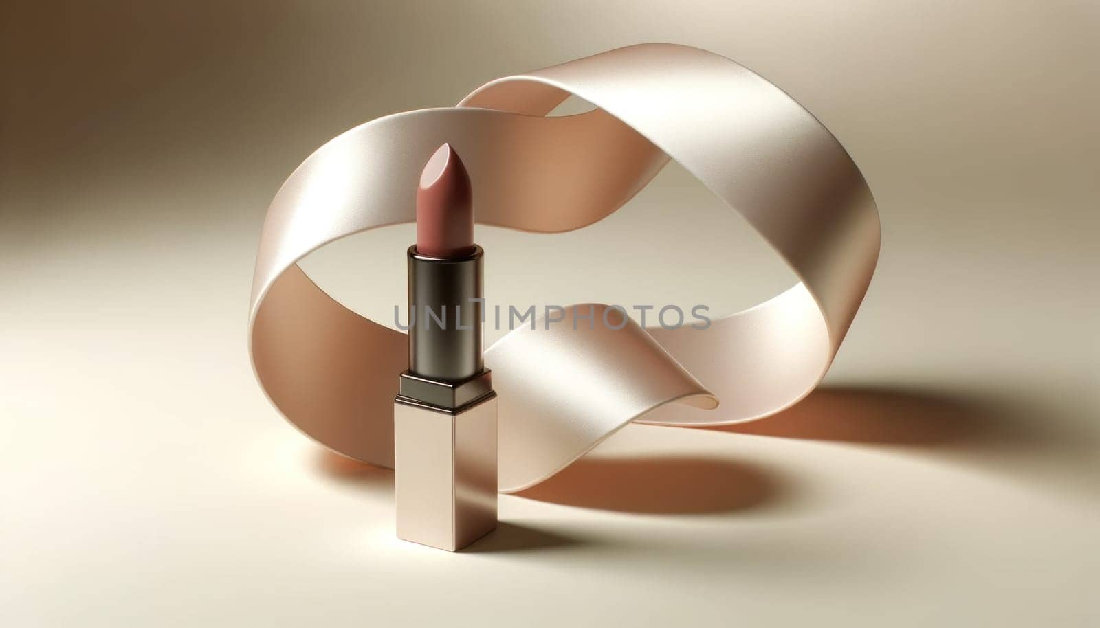 Elegant satin ribbon loop with a nude rose lipstick in the foreground. Created using AI Generated technology and image editing software.