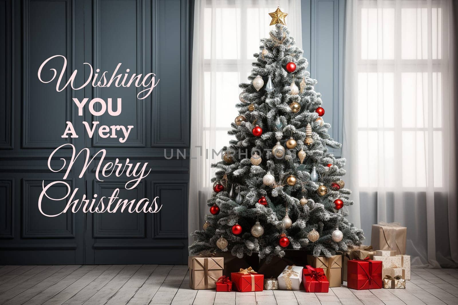 Merry Christmas and Happy New Year wishes with Christmas decorations background. Season's greetings.