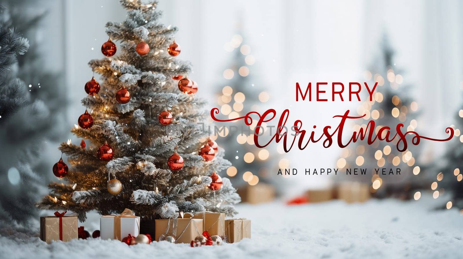 Merry Christmas and Happy New Year wishes with Christmas decorations background. Season's greetings.