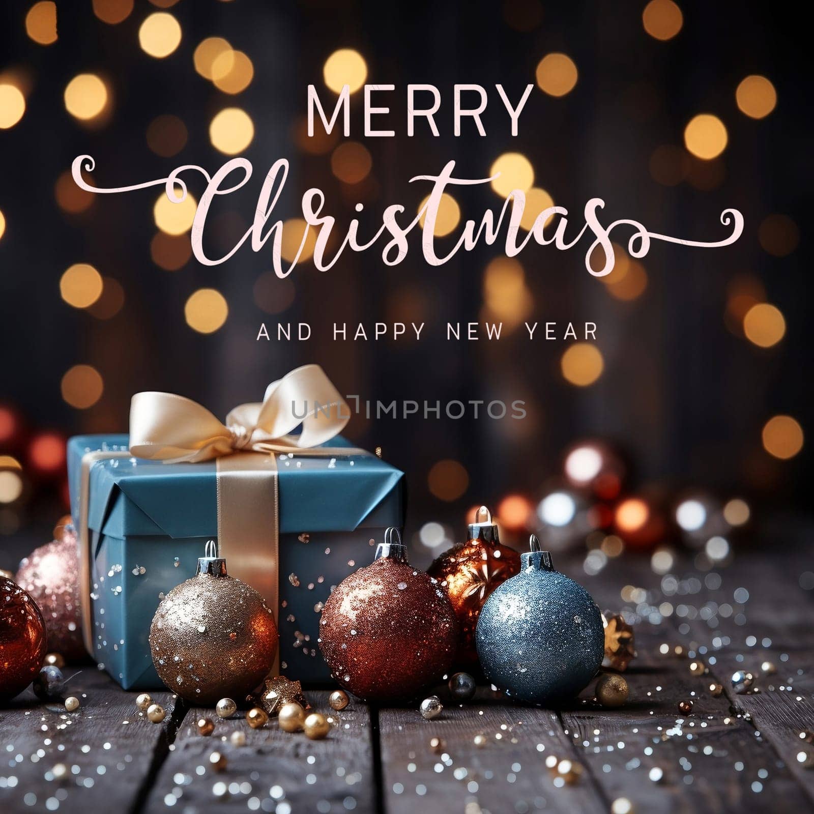 Merry Christmas and Happy New Year wishes with Christmas decorations background. Season's greetings.