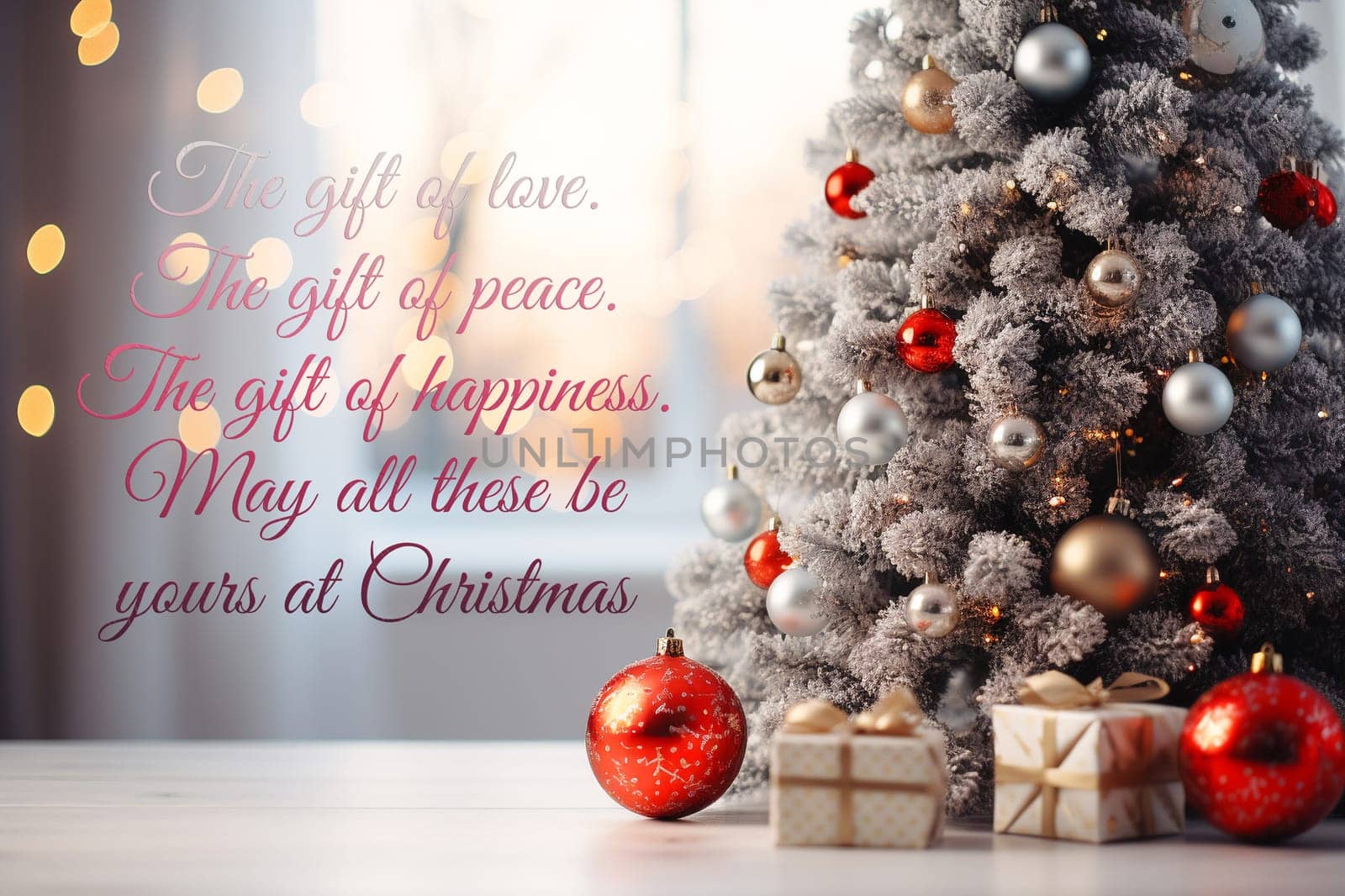 Merry Christmas and Happy New Year wishes with Christmas decorations background. Season's greetings.