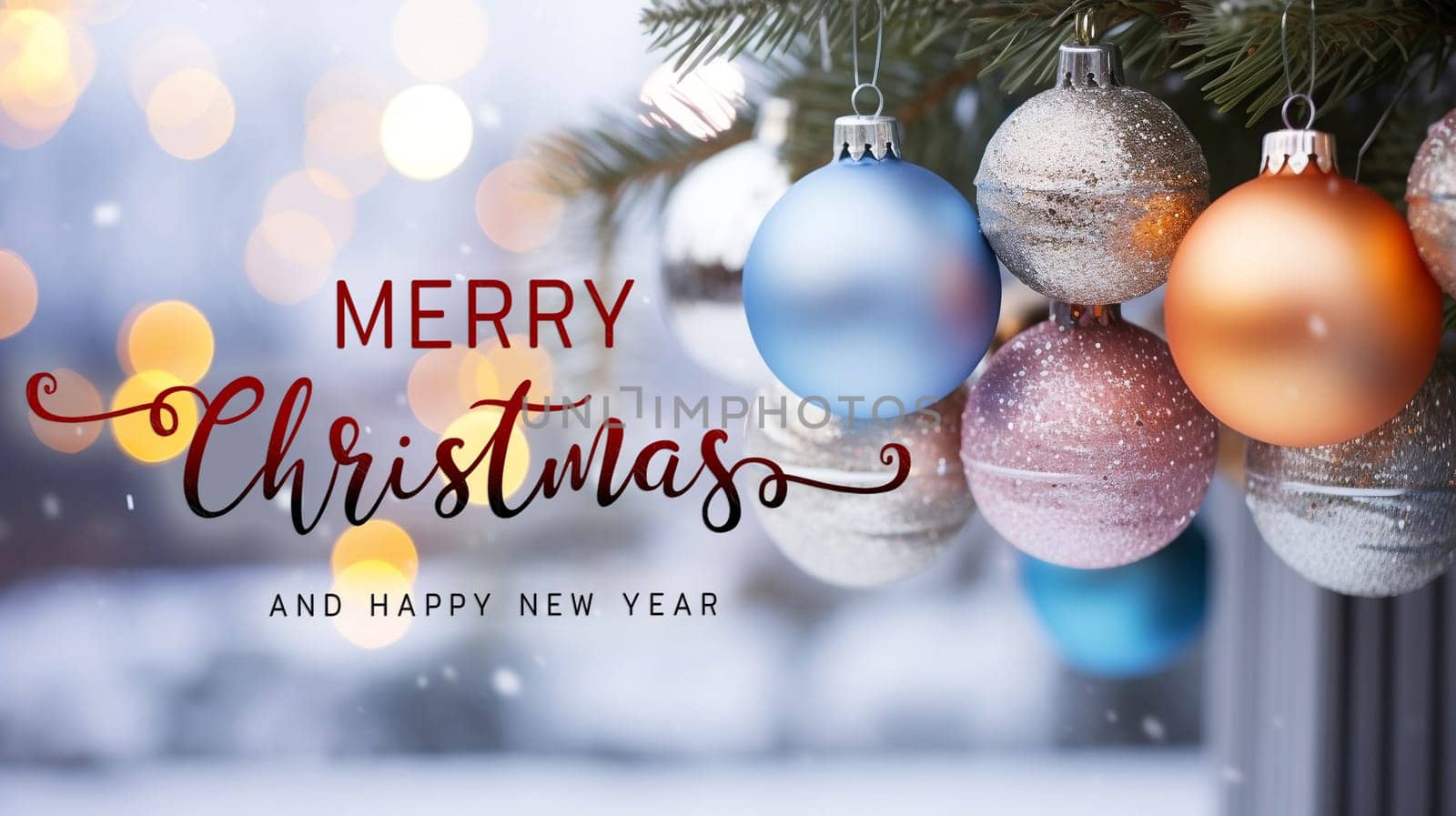Merry Christmas and Happy New Year wishes with Christmas decorations background. Season's greetings.