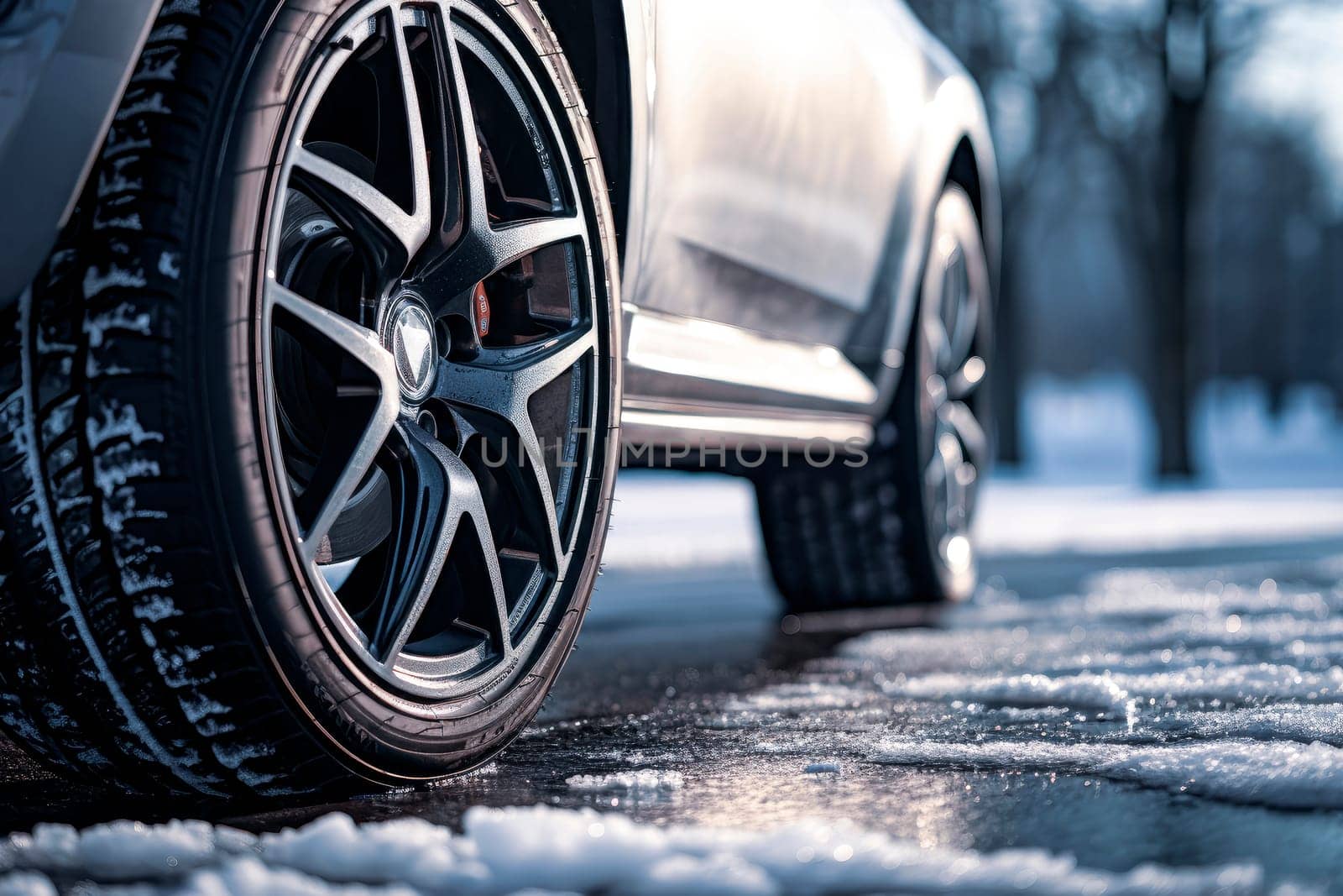 Car tires on winter road covered with snow. Vehicle on snowy road in the morning at snowfall. AI generated