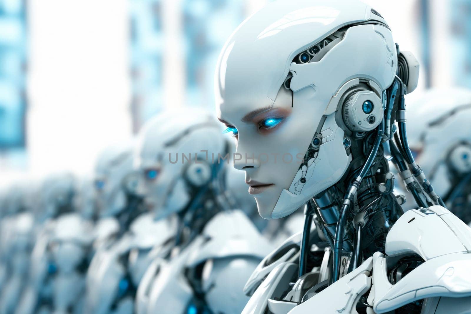 Group of of artificial intelligence robots in a factory. AI generated