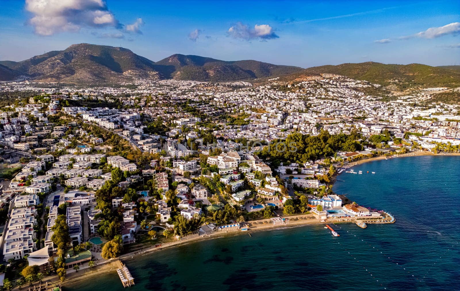 Aerial view of Gumbet, a neighbourhood of Bodrum in Mugla Province, Turkey.