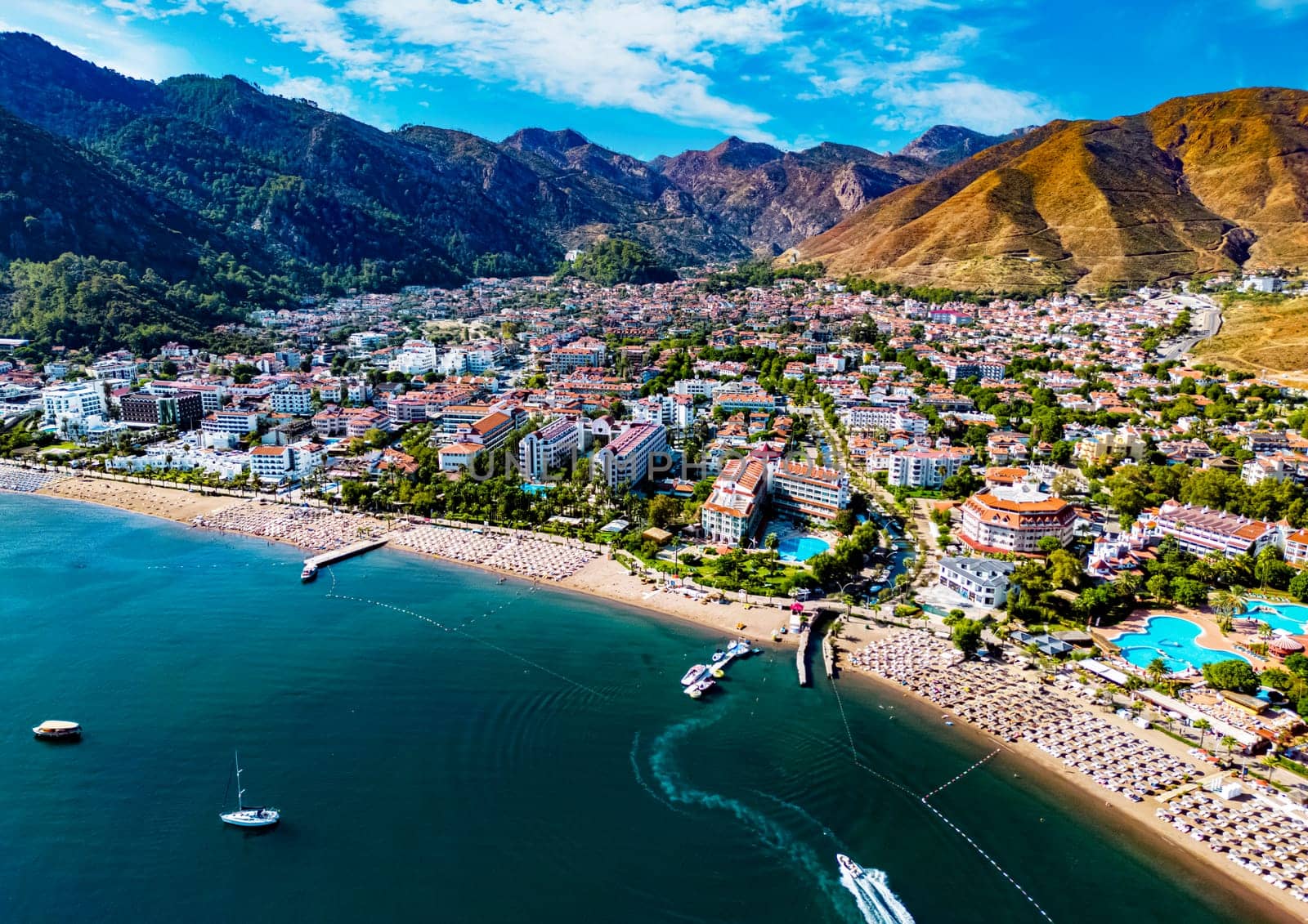 Aerial view of Icmeler, a neighbourhood of the municipality and district of Marmaris, Mugla Province, Turkey