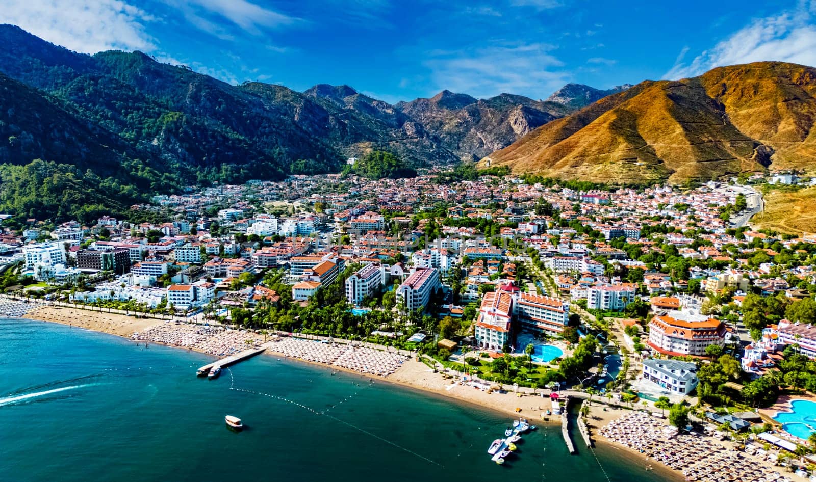 Aerial view of Icmeler, a neighbourhood of the municipality and district of Marmaris, Mugla Province, Turkey