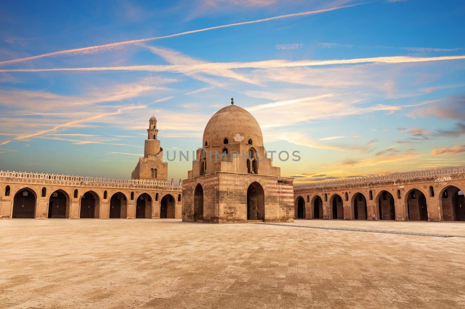 Popular tourist place of Cairo, Mosque of Ibn Tulun inner yard view, Egypt.