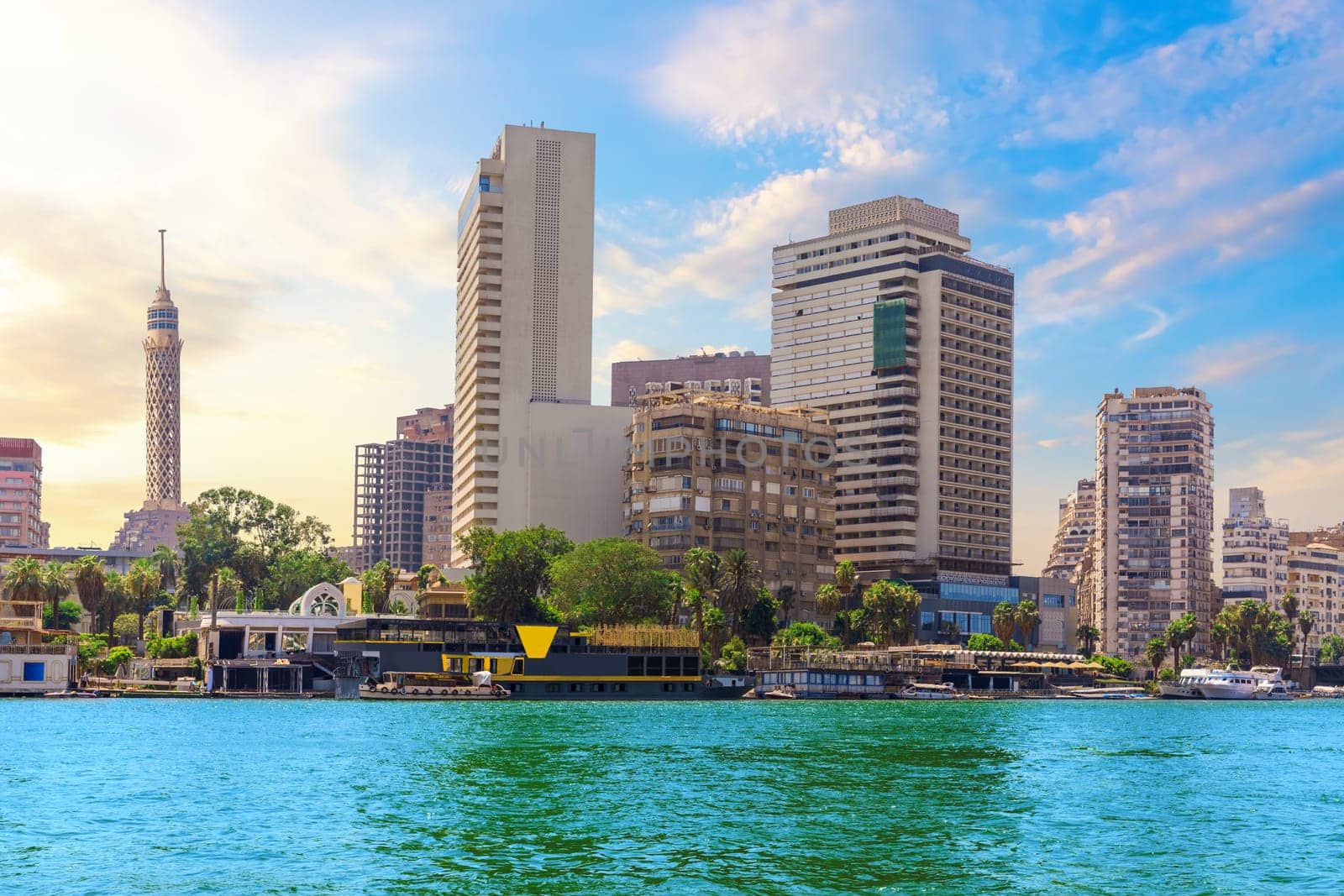 View of modern Cairo, buildings of downtown and the Nile river, Egypt.