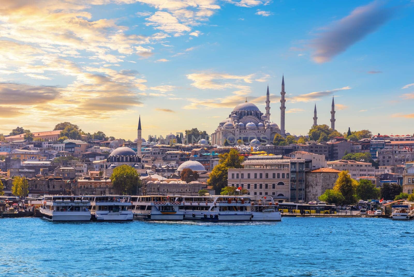 Ships in the Bosphorus by beautiful Suleymaniye Mosque of Istanbul, Turkey.