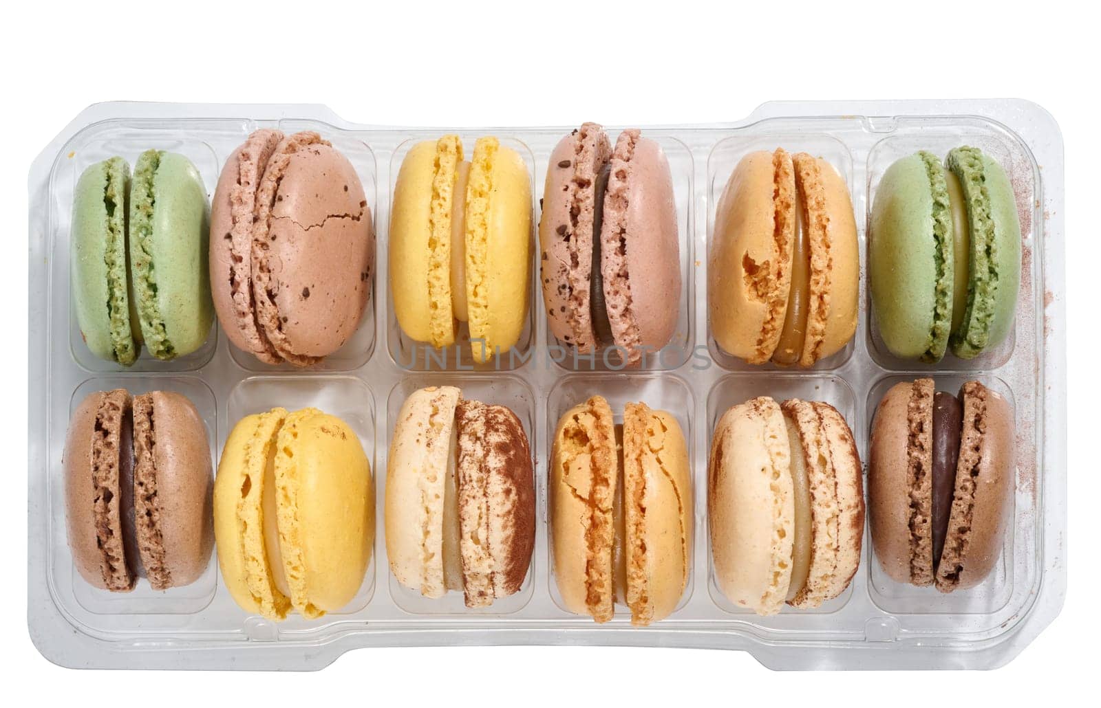 Assortment of colorful macarons, top view