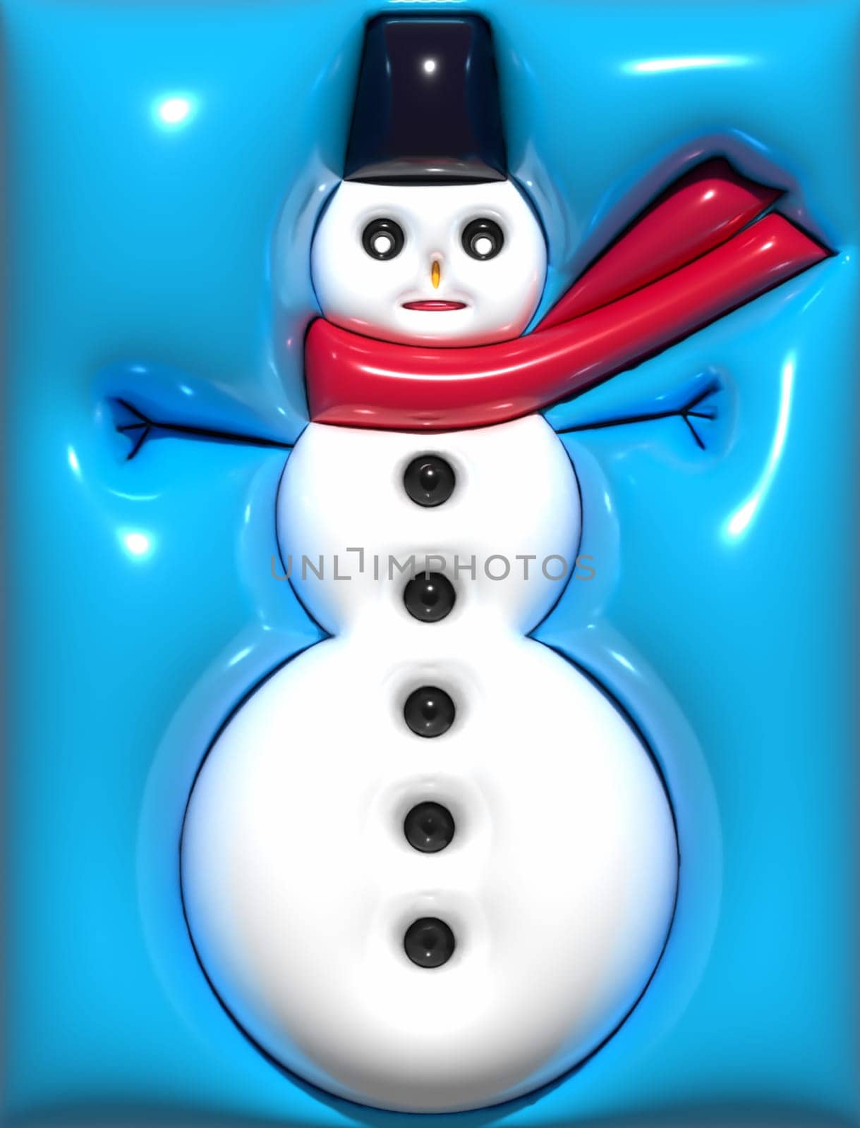 Snowman on a blue background with a red scarf, 3D rendering illustration