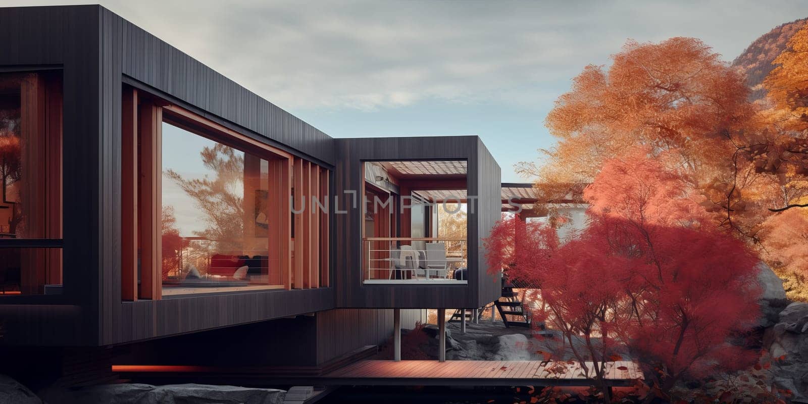 Modern Architecture - a residence on Rocky Mountain surrounded by colorful foliage.