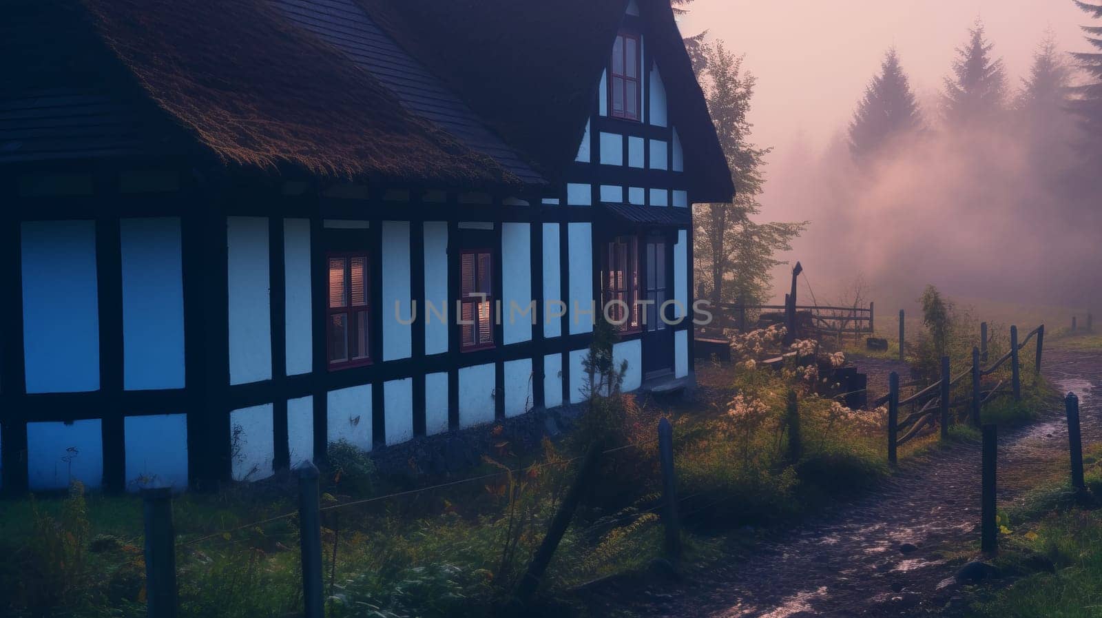 Old Prussian-styled house in dusk. Kaszuby