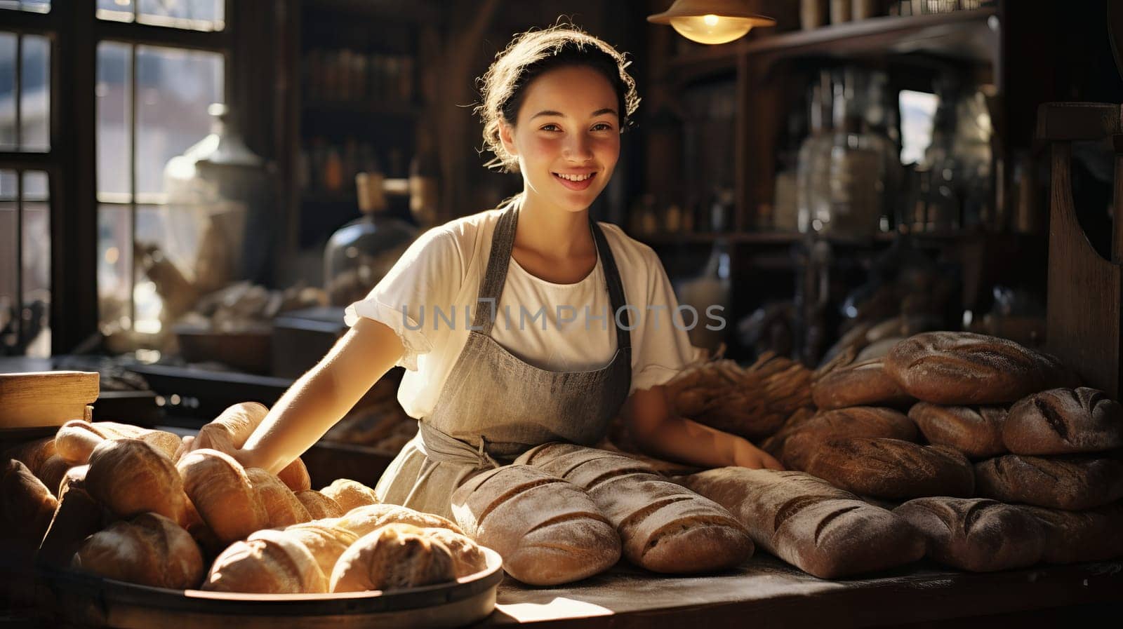 Bakery worker selling fresh tasty pastry and bread in a bakery shop.