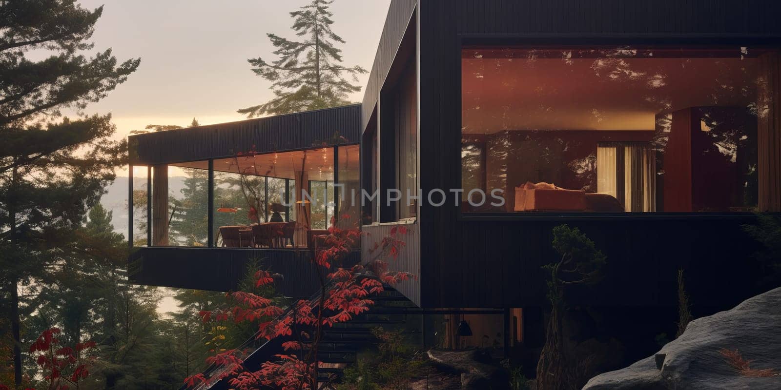 Modern Architecture - a residence on Rocky Mountain surrounded by colorful foliage.