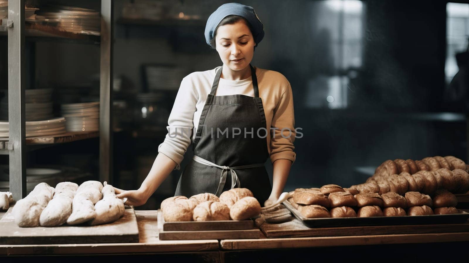 Bakery worker selling fresh tasty pastry and bread in a bakery shop.