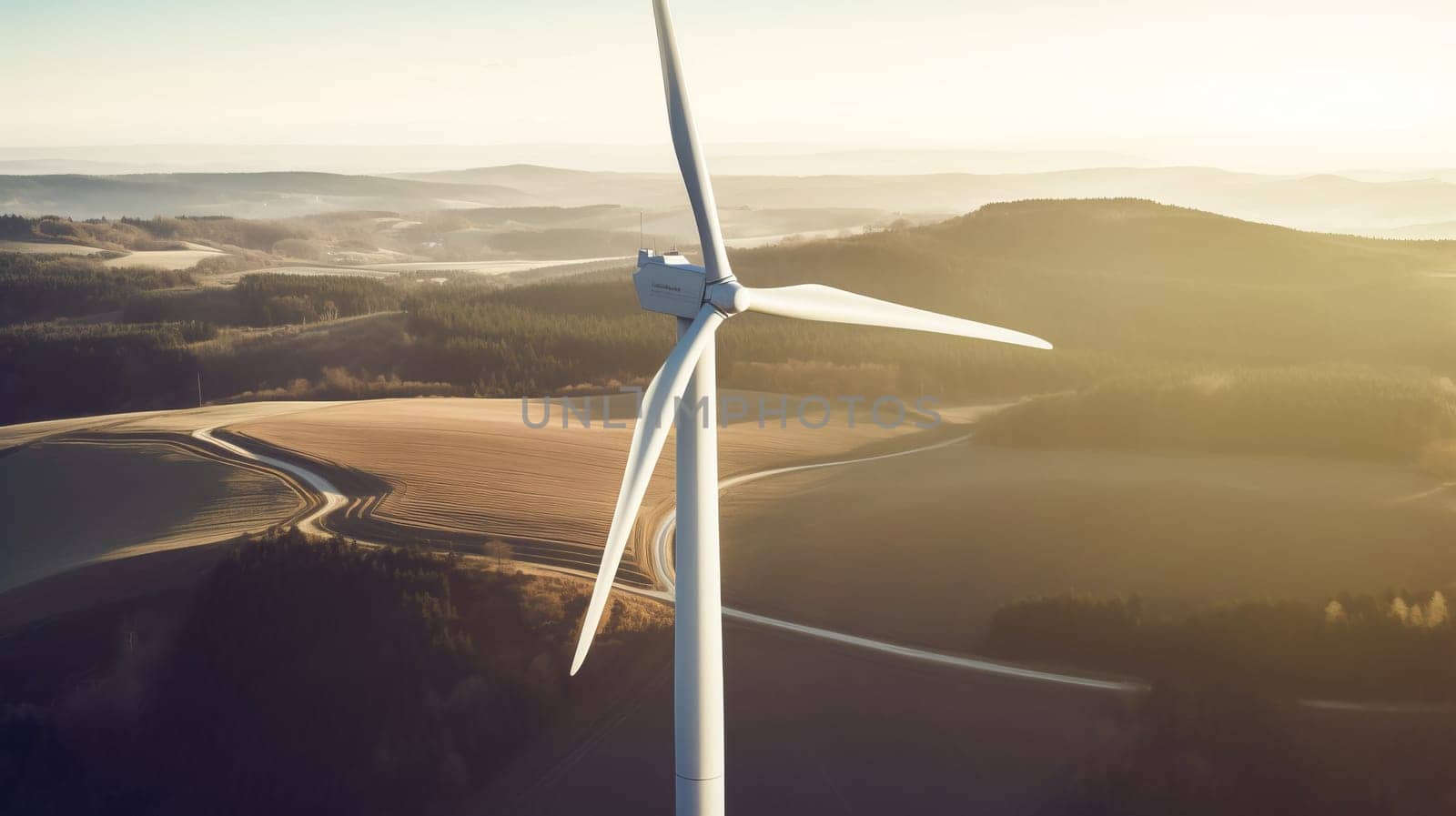 Panoramic view of wind farm or wind park, with high wind turbines for generation electricity with copy space. Green energy concept.
