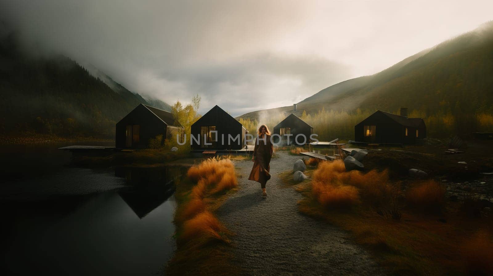 A lodge by the lake surrounded by a beautiful green forest in the morning.