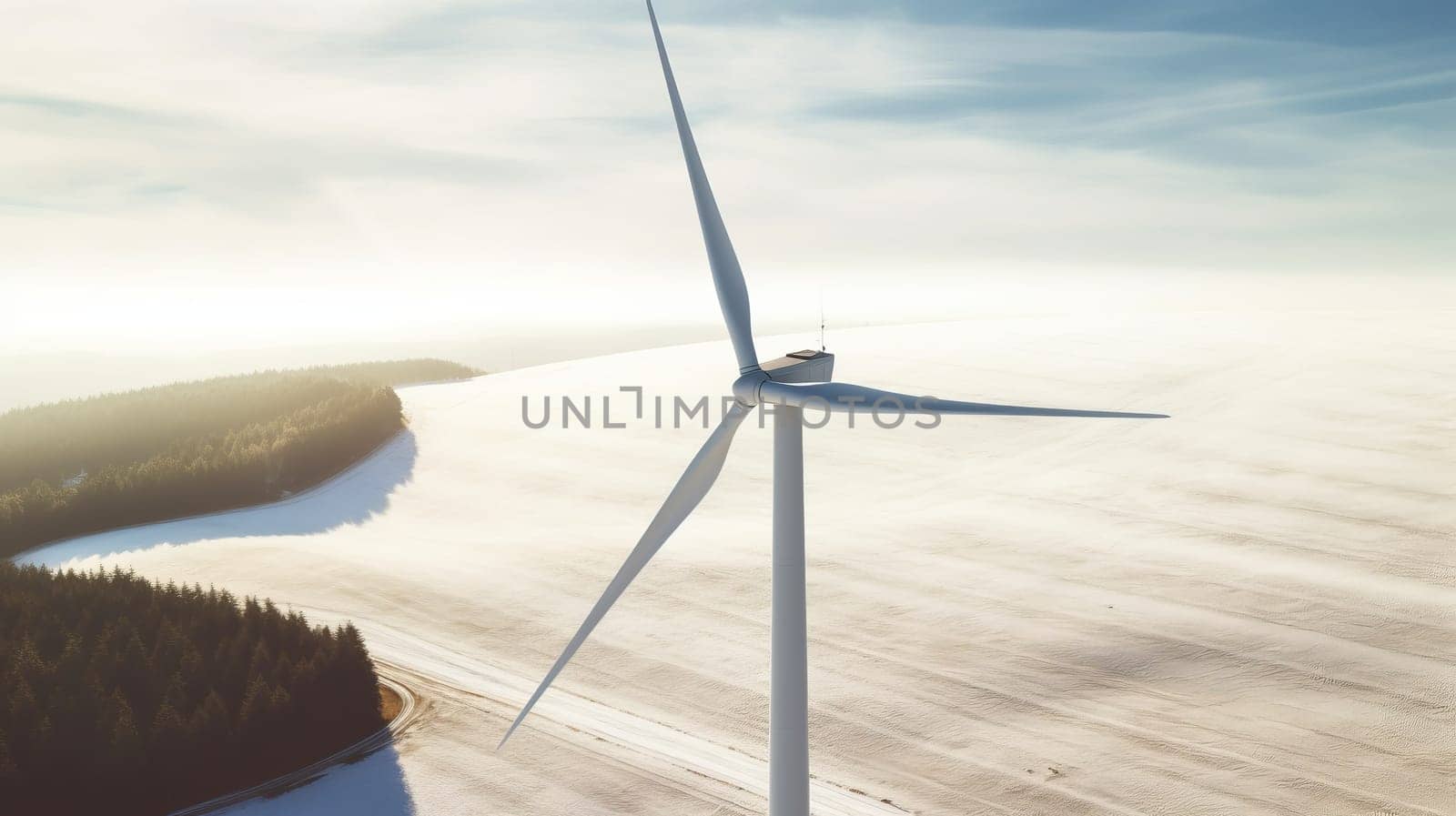 Panoramic view of wind farm or wind park, with high wind turbines for generation electricity with copy space. Green energy concept.