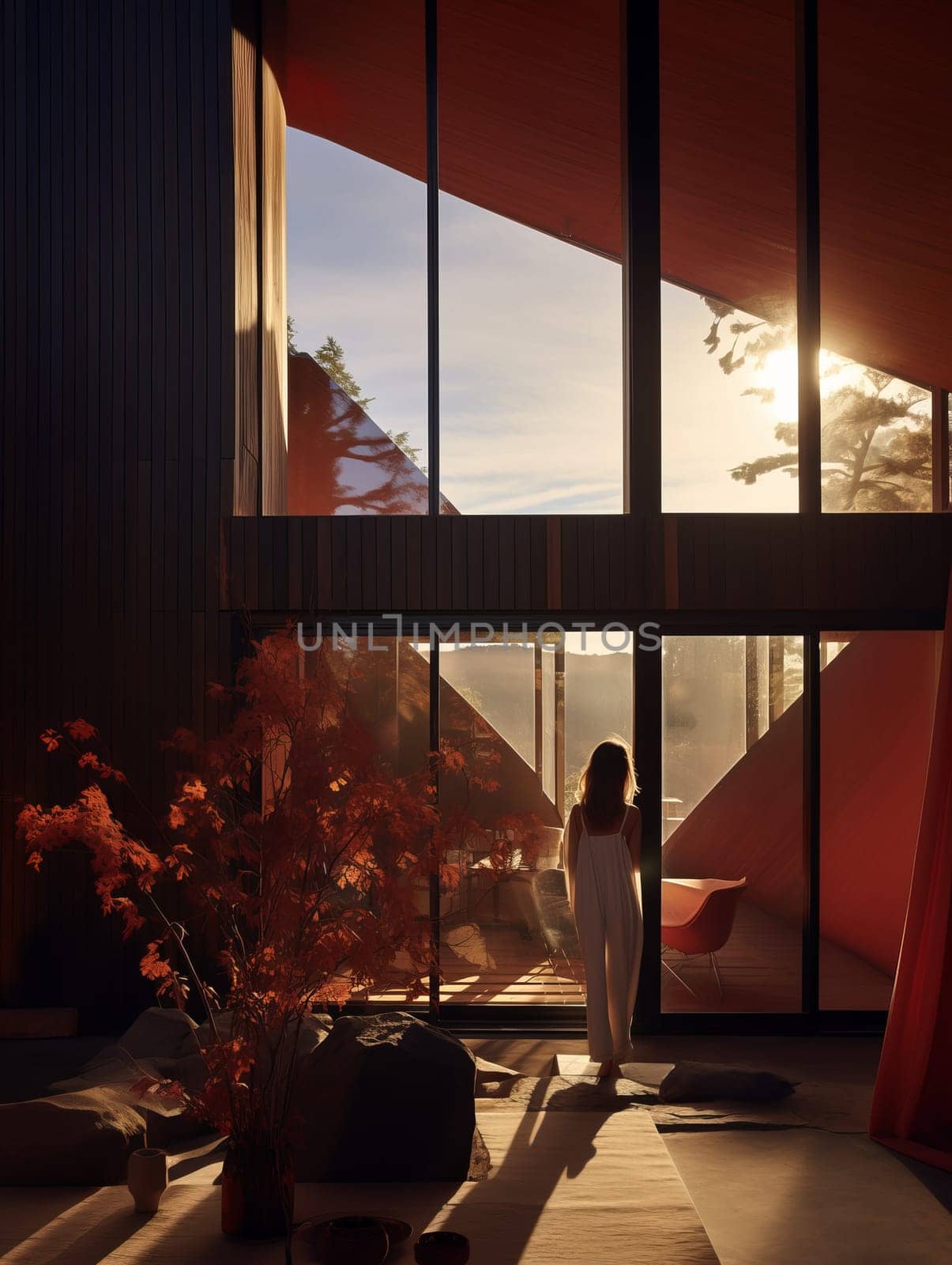 Modern Architecture - a residence on Rocky Mountain surrounded by colorful foliage. Young woman in living room.