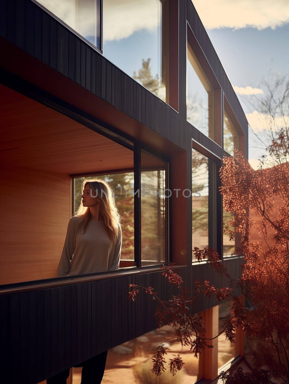 Modern Architecture - a residence on Rocky Mountain surrounded by colorful foliage. Woman in window.
