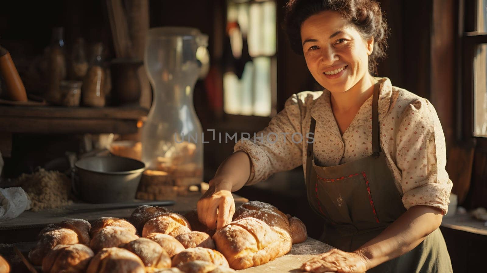Bakery worker selling fresh tasty pastry and bread in a bakery shop.