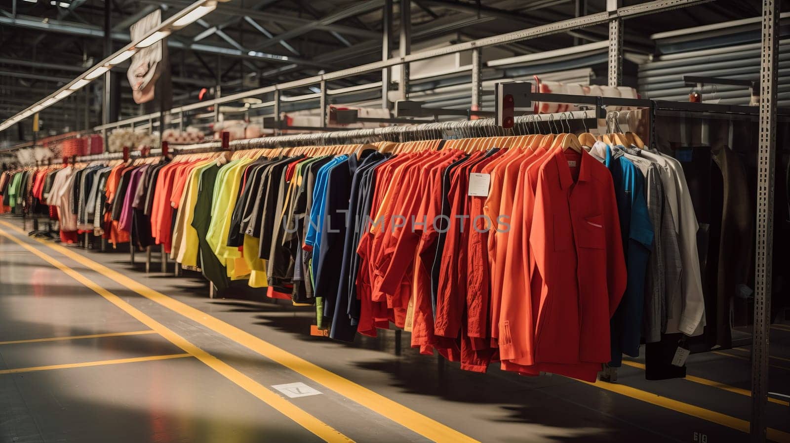 Fabric Warehouse. Fashion Clothes Warehouse. New or used clothes in racks and hangers. Transportation hub with clothes.