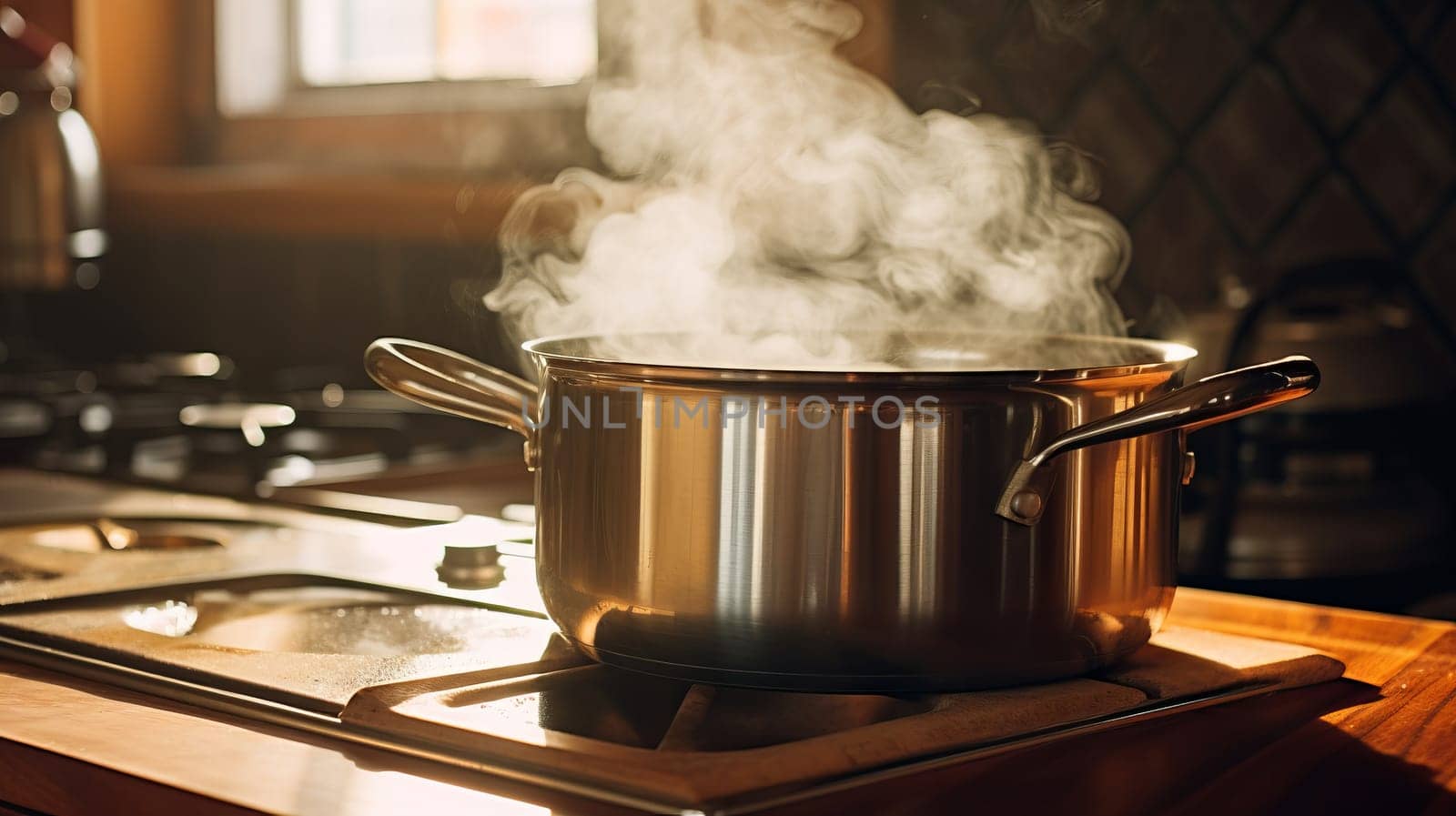 cooking on a gas stove, steaming pot in the kitchen