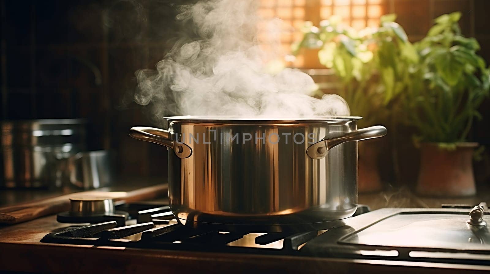 cooking on a gas stove, steaming pot in the kitchen
