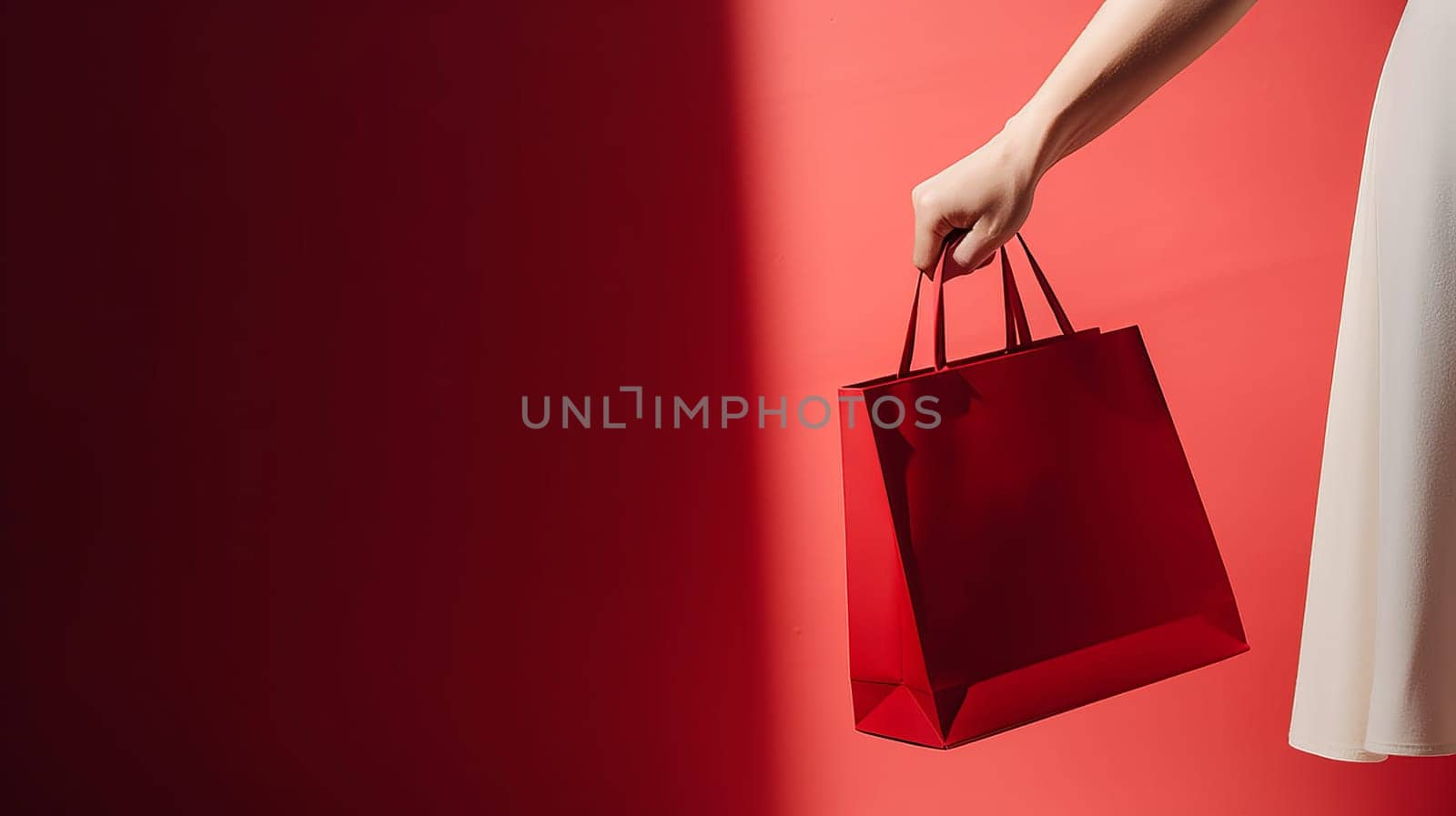 Mockup of red paper shopping bag with handles on the red color background