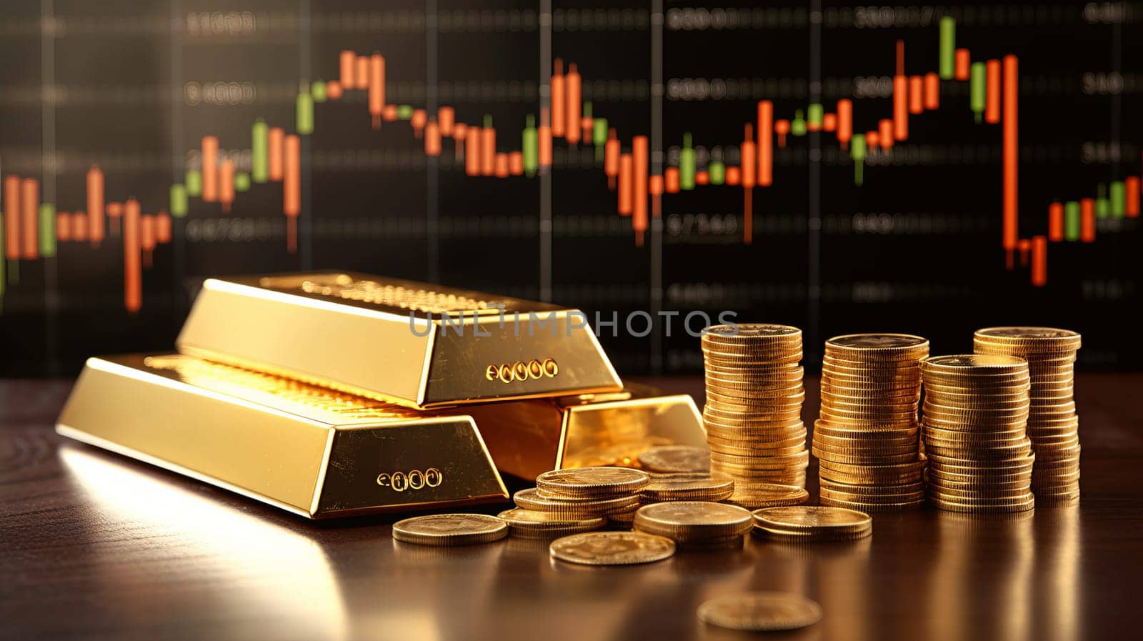 Stack of gold with trading graph, financial investment concept can be use as background
