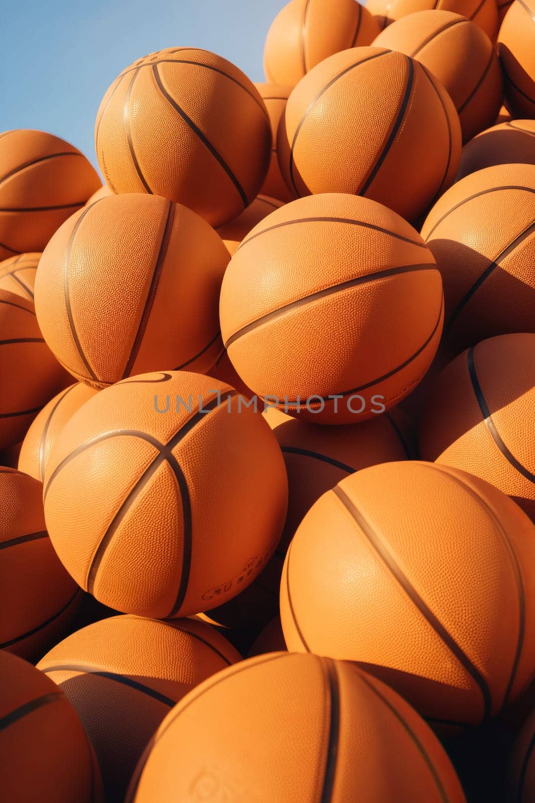 Basketball balls background. Many orange basketball balls with realistic dimple texture lying in a pile. 3d rendering