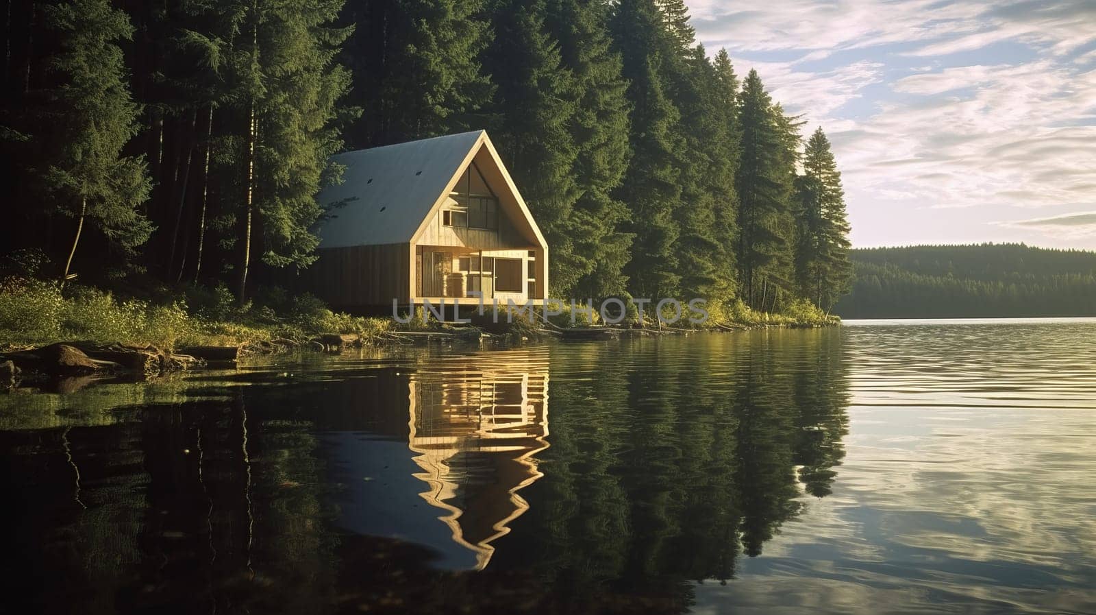 A lodge by the lake surrounded by a beautiful green forest in the morning.