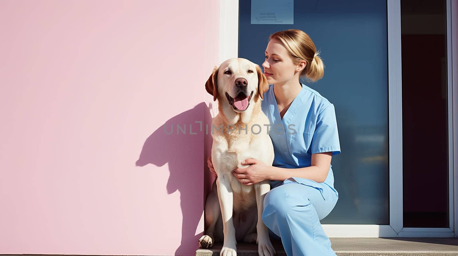 Animal vet in pink uniform.