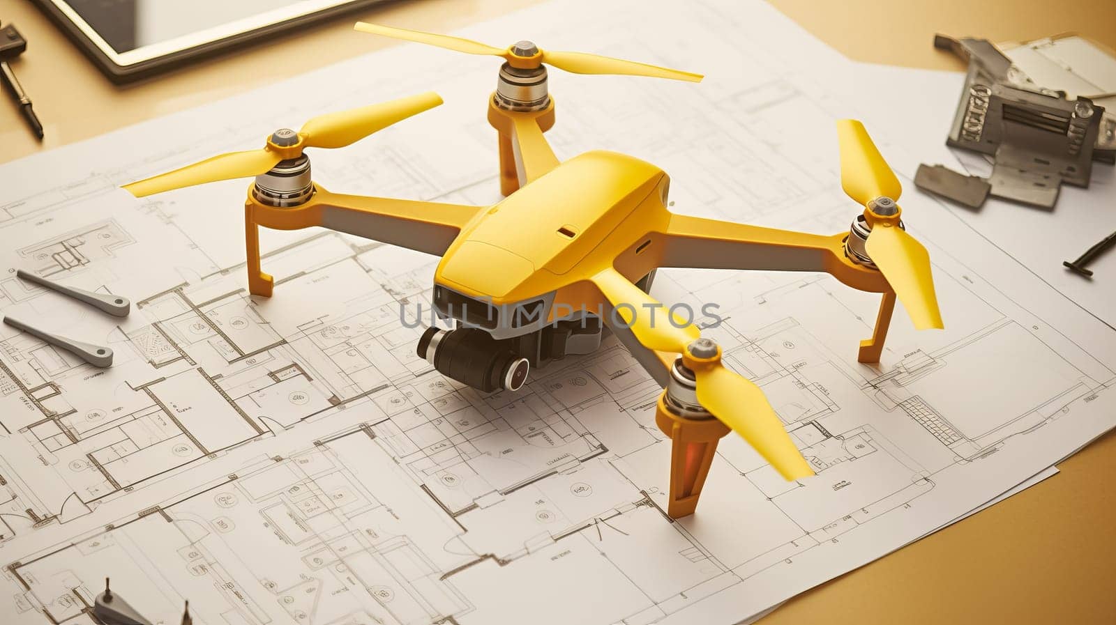 A drone on blueprint architectual printed plans. Inspection drone.