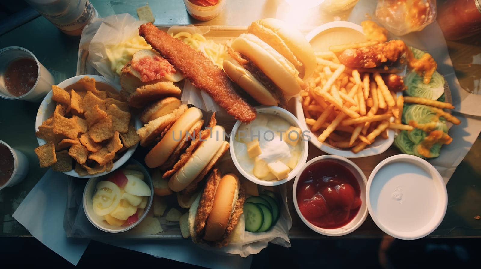 Breakfast topview. Freshly baked buns, mayo sauce, vegetables.