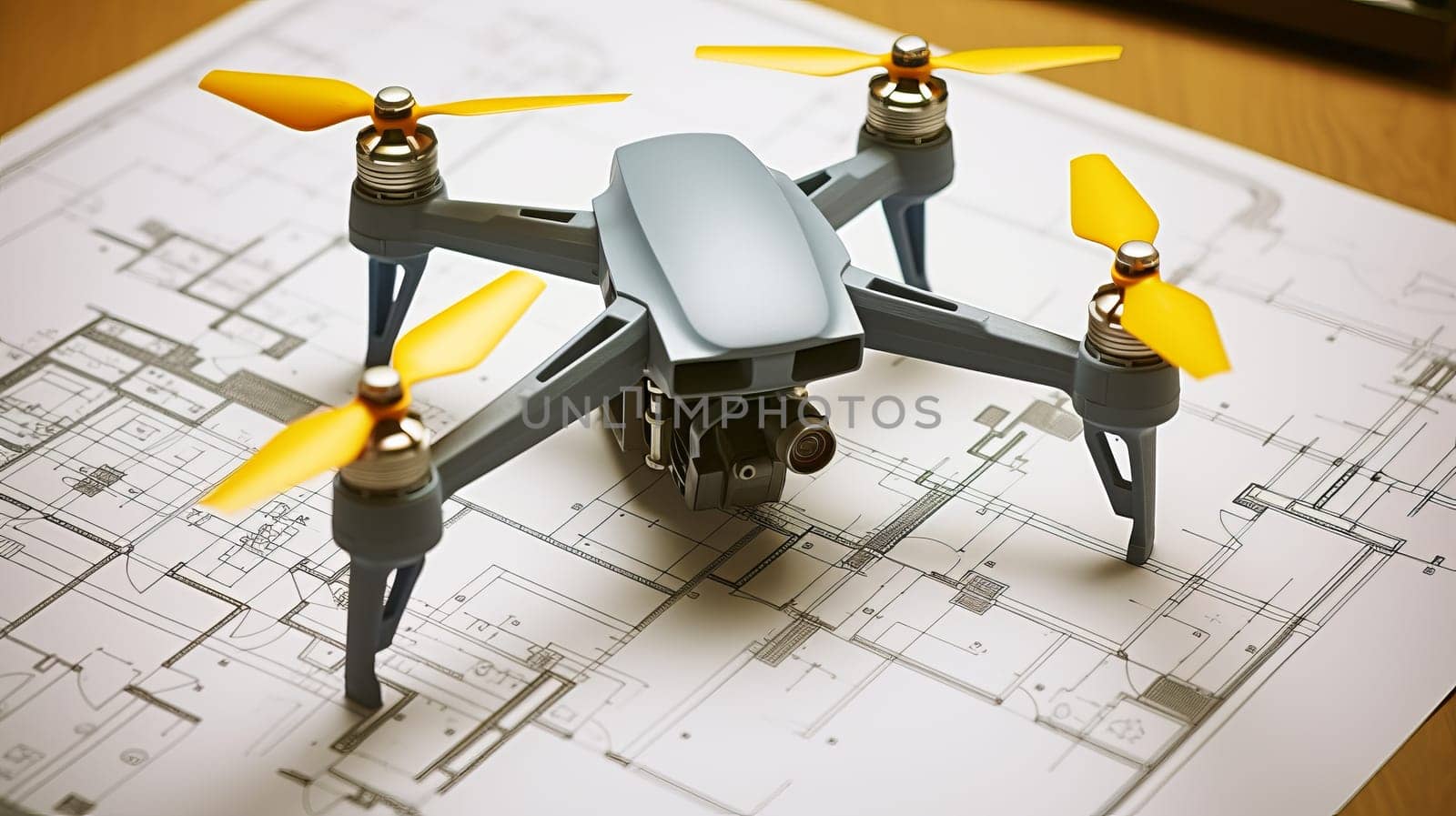 A drone on blueprint architectual printed plans. Inspection drone.