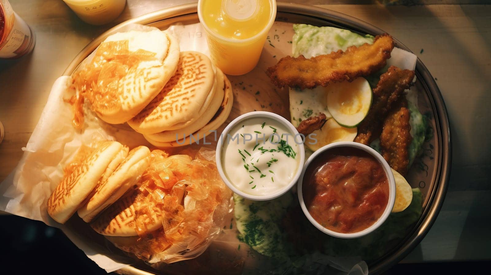 Breakfast topview. Freshly baked buns, mayo sauce, vegetables.