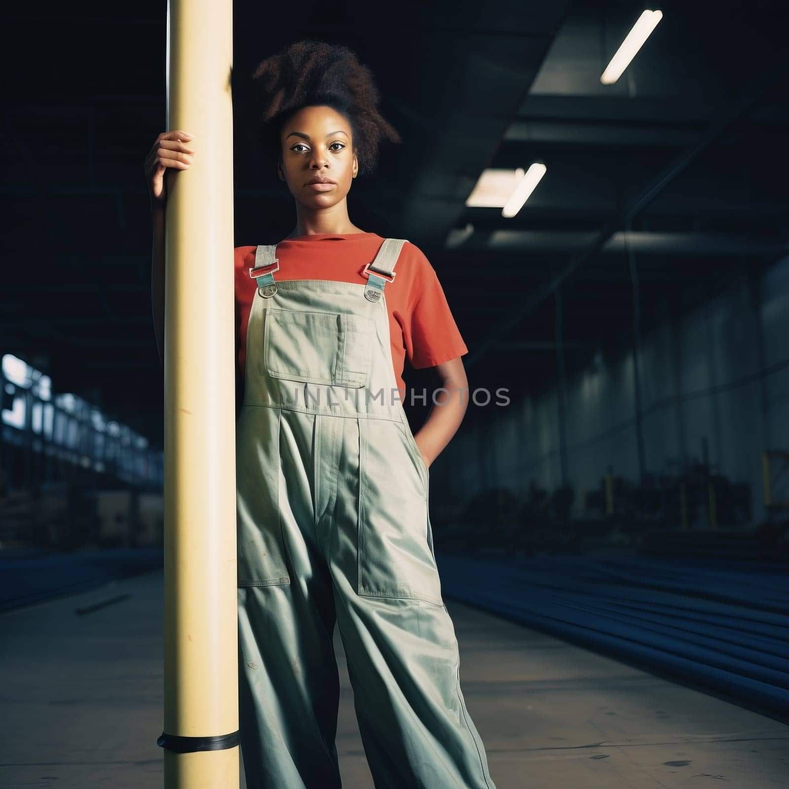 Female industrial worker. A young woman wearing workers outfit standing in front of the the warehouse, hangar, door.