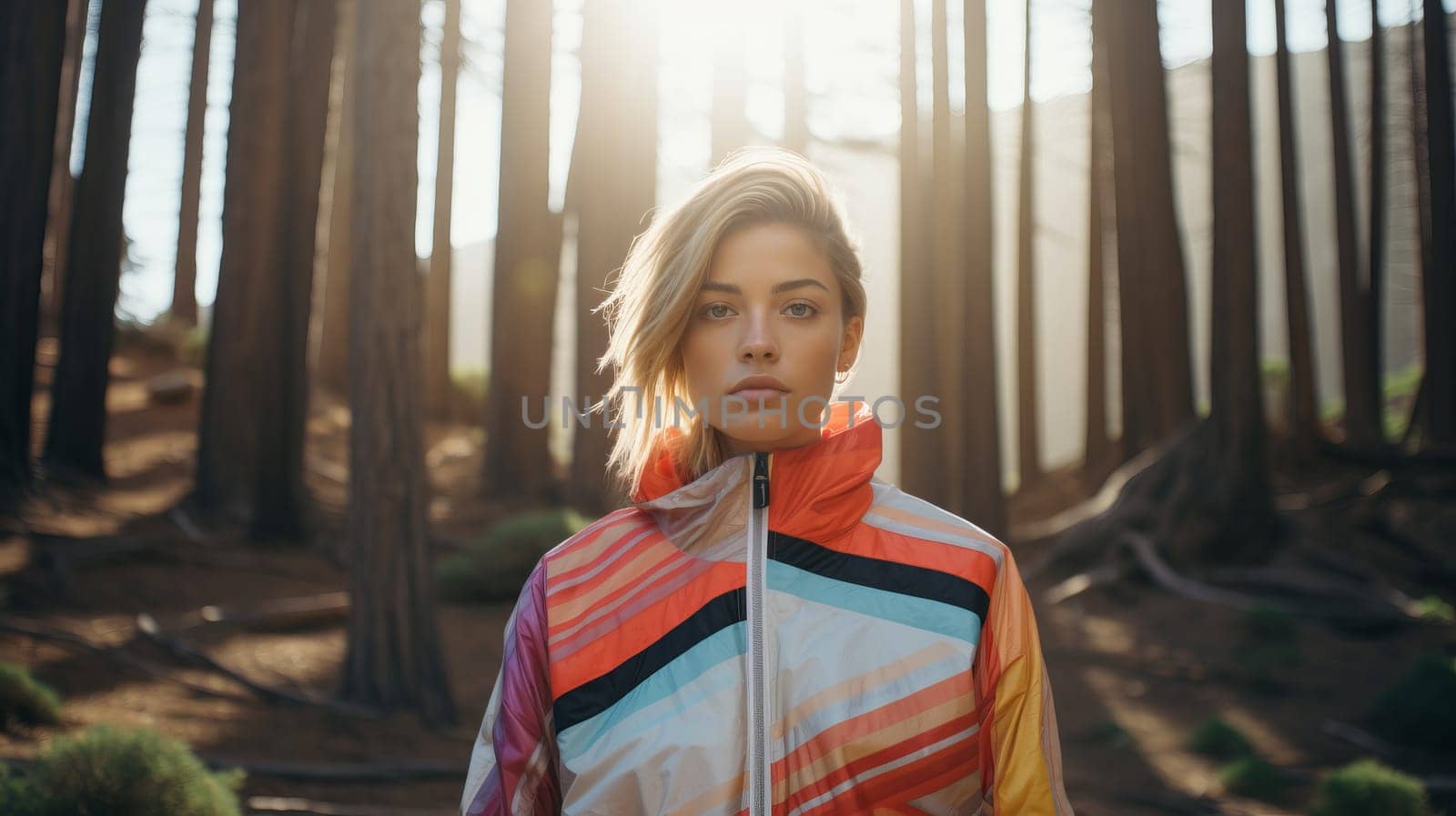 Cool cheerful girl modern knitted sport trekking jacket. Hipster style. Youth fashion.