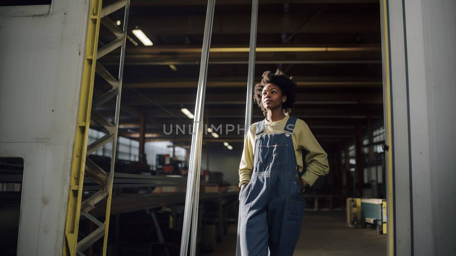 Female industrial worker. A young woman wearing workers outfit standing in front of the the warehouse, hangar, door.