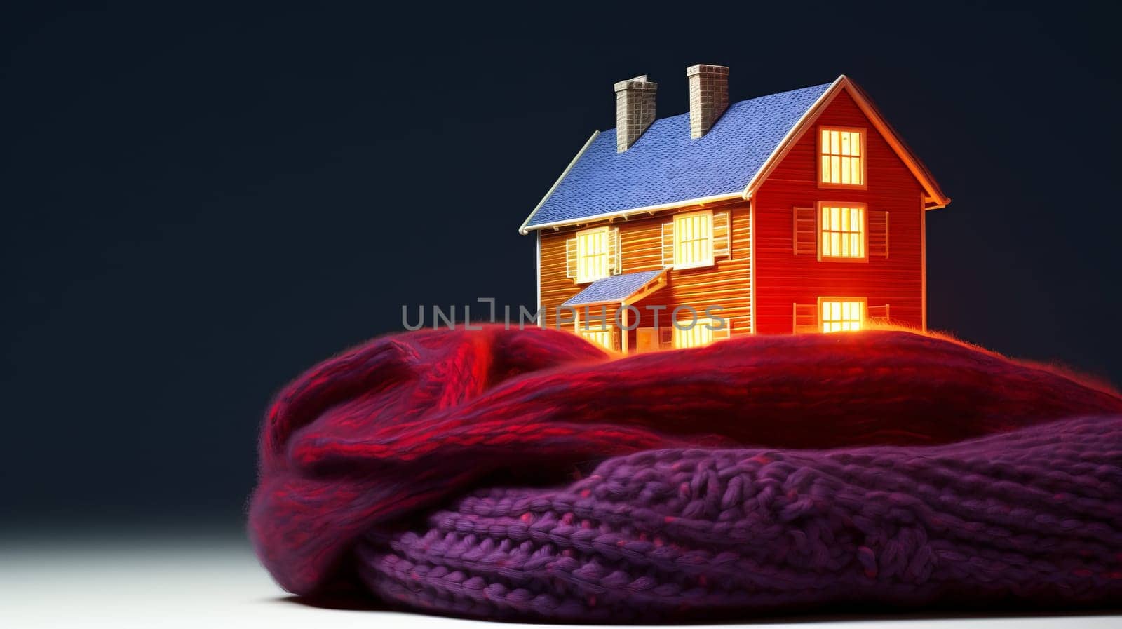 house in winter - heating system concept and cold snowy weather with model of a house wearing a knitted cap