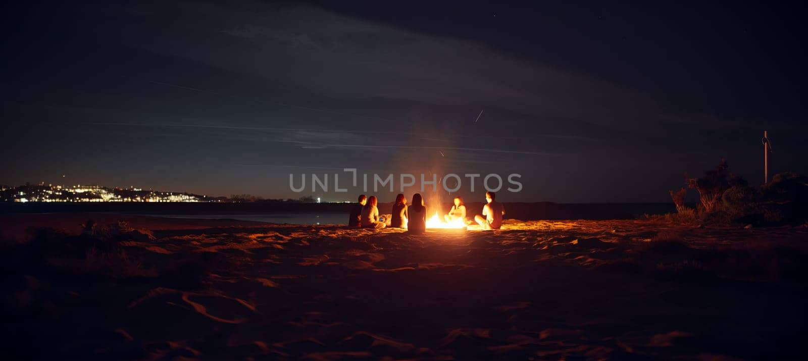 Inviting campfire on the beach during the summer, bring back fond memories. Fun and good times at the lake or sea.