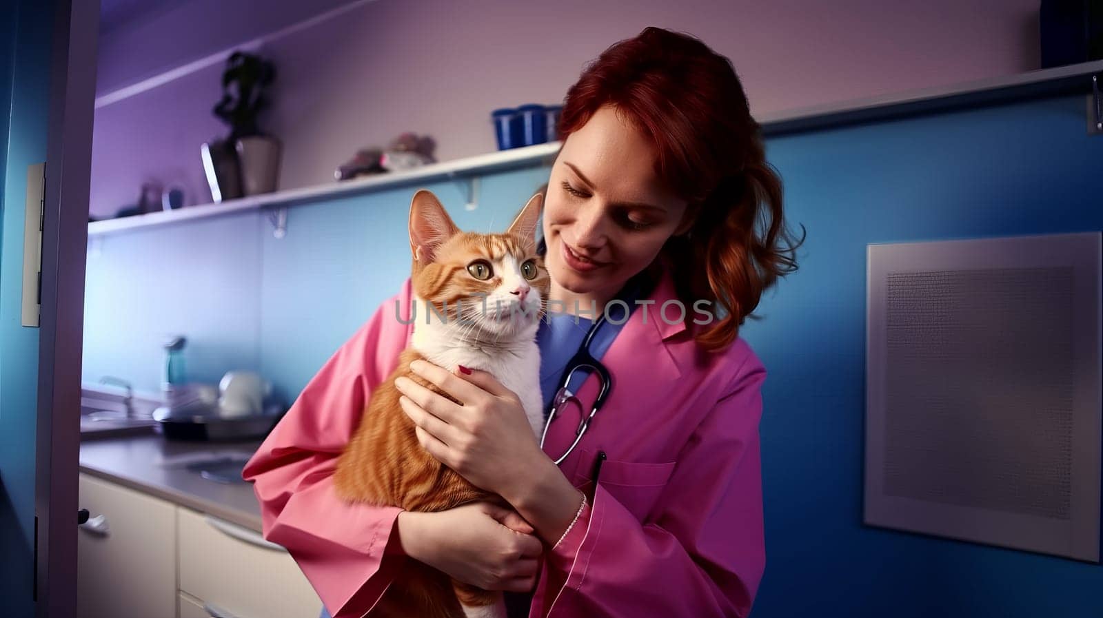 Animal vet in pink uniform.