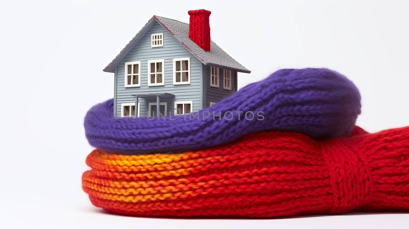 house in winter - heating system concept and cold snowy weather with model of a house wearing a knitted cap