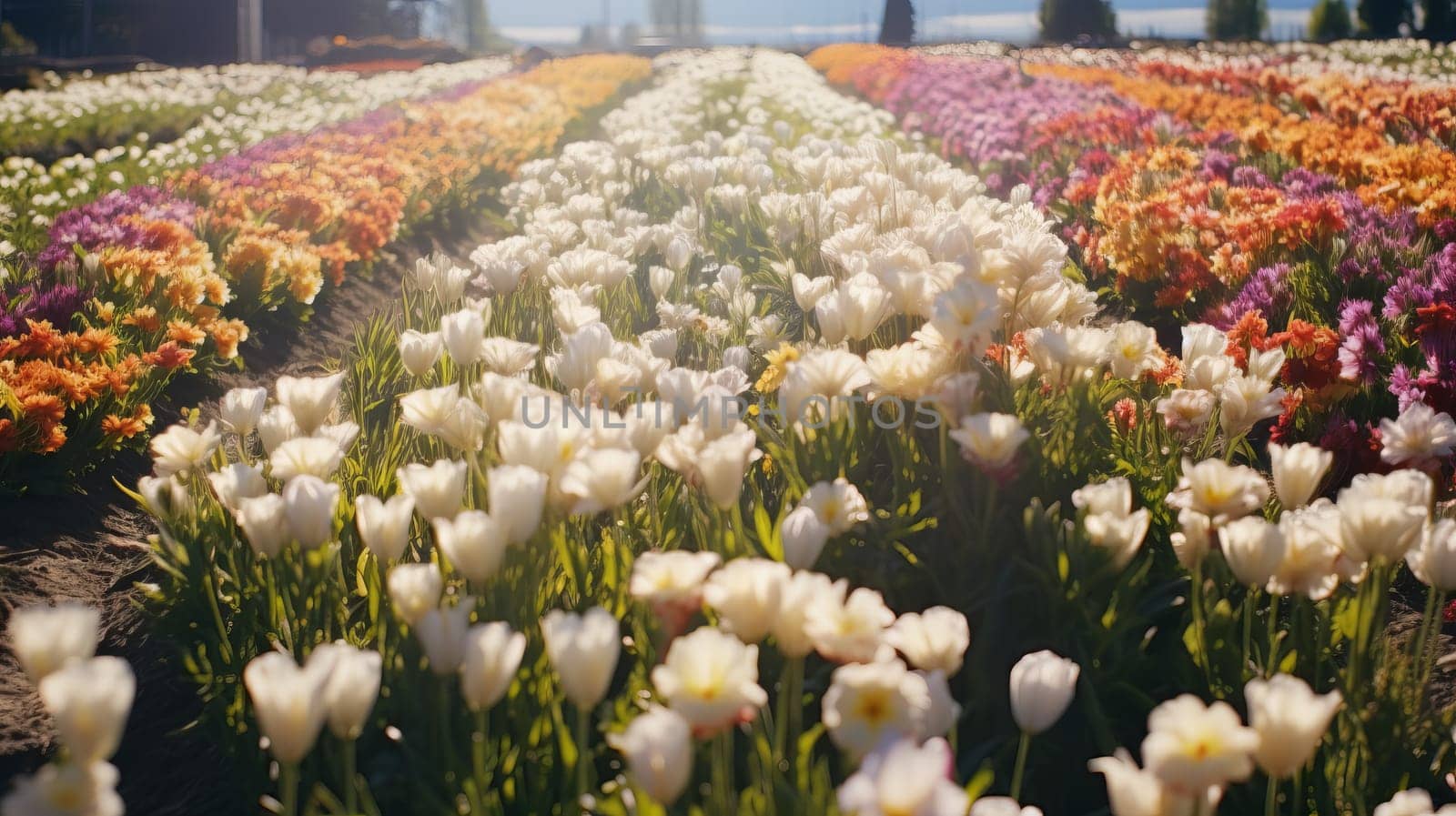 Amazing nature of white tulips under sunlight. View of flower blooming in the field.