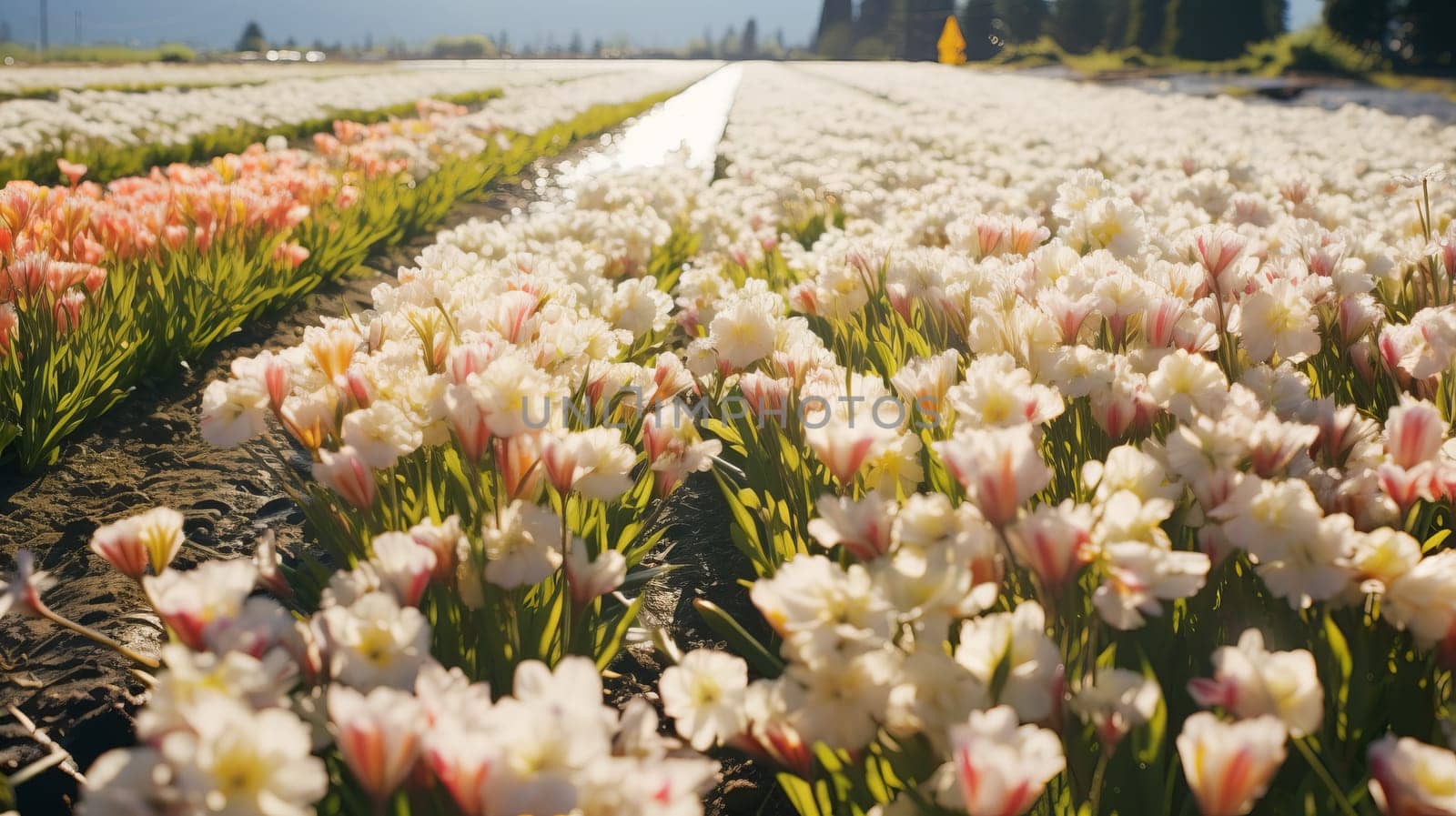 Amazing nature of white tulips under sunlight. View of flower blooming in the field.