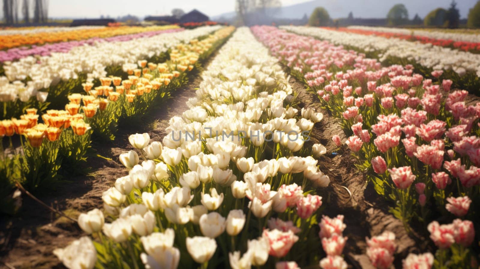 Amazing nature of white tulips under sunlight. View of flower blooming in the field.